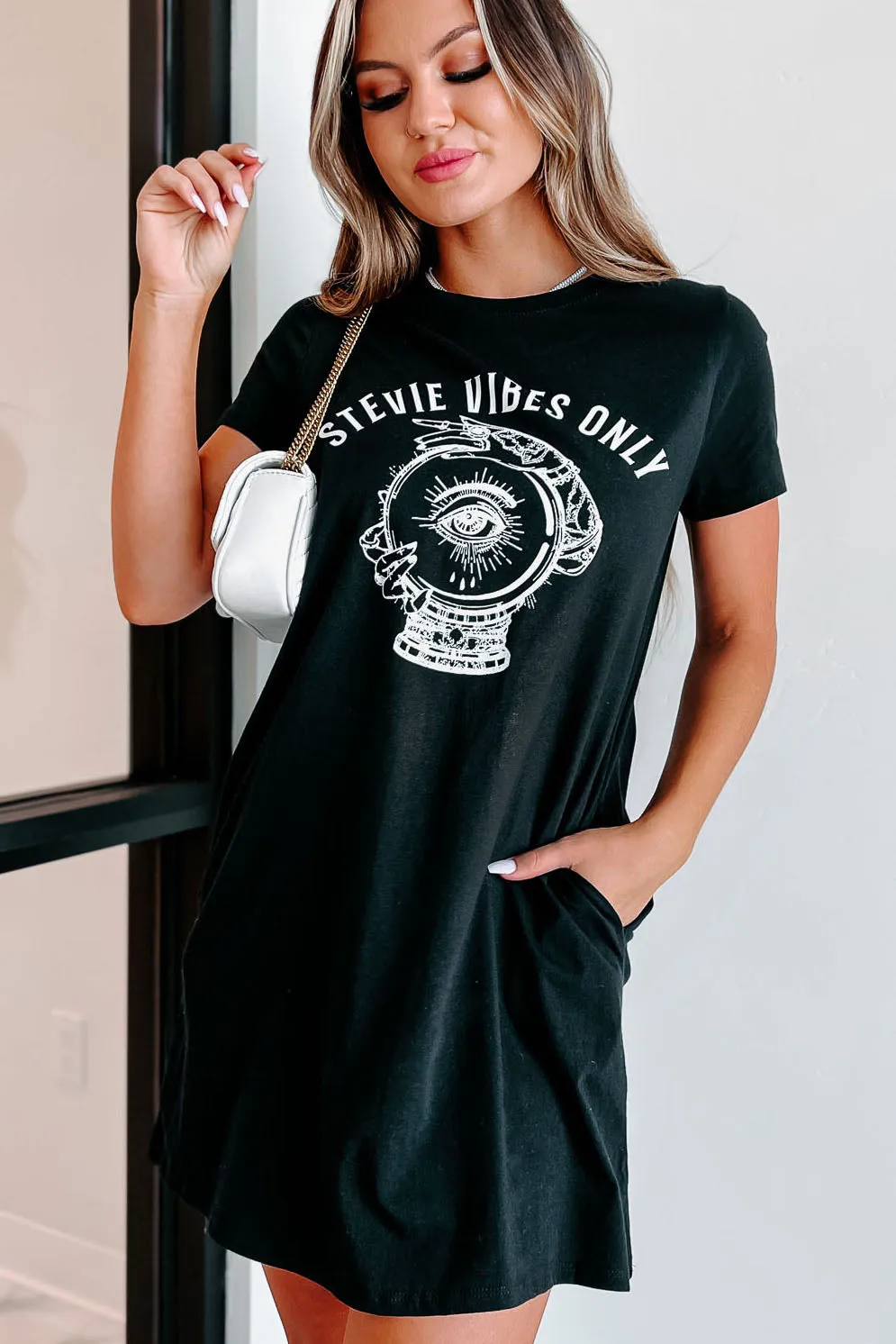 "Stevie Vibes" Graphic T-Shirt Dress (Black) - Print On Demand