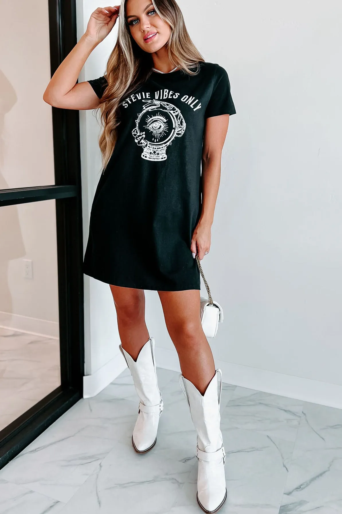 "Stevie Vibes" Graphic T-Shirt Dress (Black) - Print On Demand