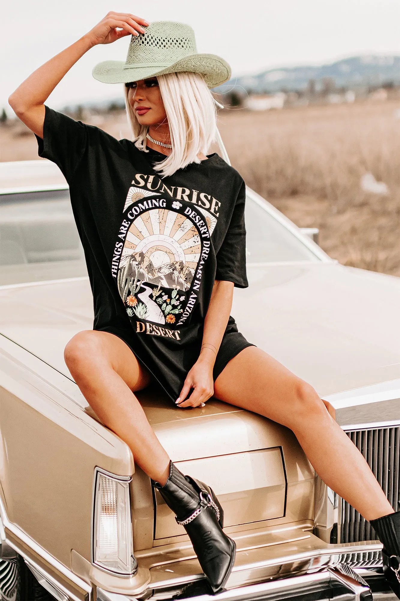 "The Desert Sunrise" Oversized Graphic T-Shirt Dress (Black) - Print On Demand