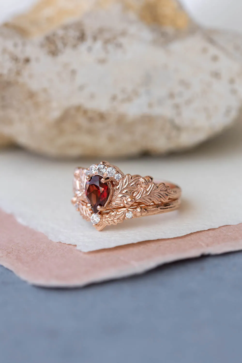 READY TO SHIP: Royal oak ring in 14K rose gold, natural garnet pear cut 7x5 mm, moissanites, AVAILABLE RING SIZES: 6-8US