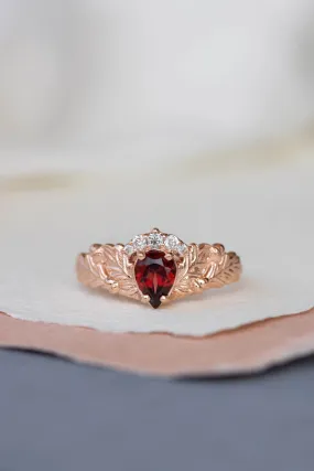 READY TO SHIP: Royal oak ring in 14K rose gold, natural garnet pear cut 7x5 mm, moissanites, AVAILABLE RING SIZES: 6-8US