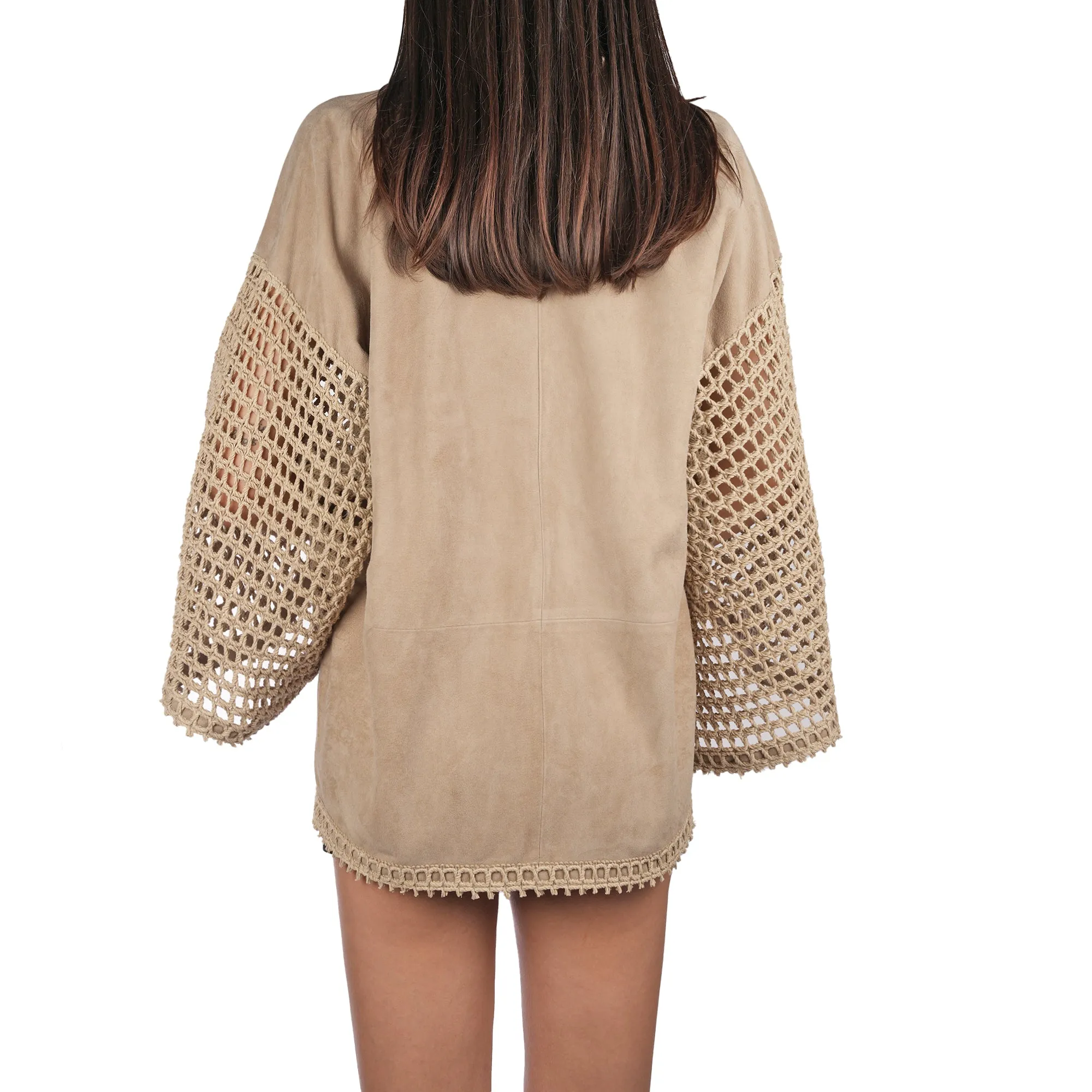 Suede and Crochet Kimono Beige