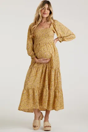 Yellow Floral Smocked Long Sleeve Maternity Maxi Dress